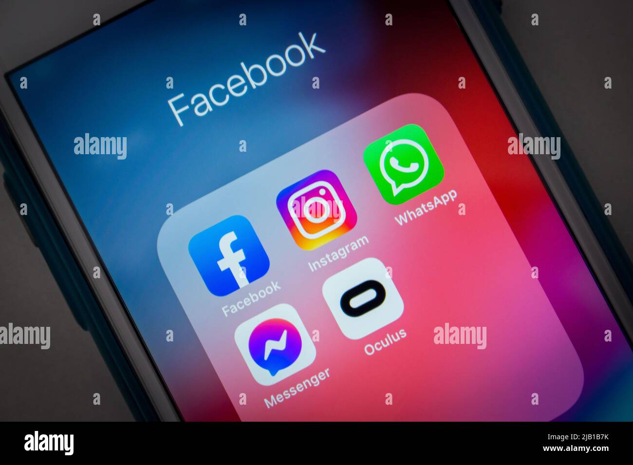 Kumamoto, JAPAN - Feb 15 2021 : Facebook app with Instagram, Messenger, WhatsApp and Oculus VR on an iPhone. US Big Tech (Big Five, GAFAM) concept Stock Photo