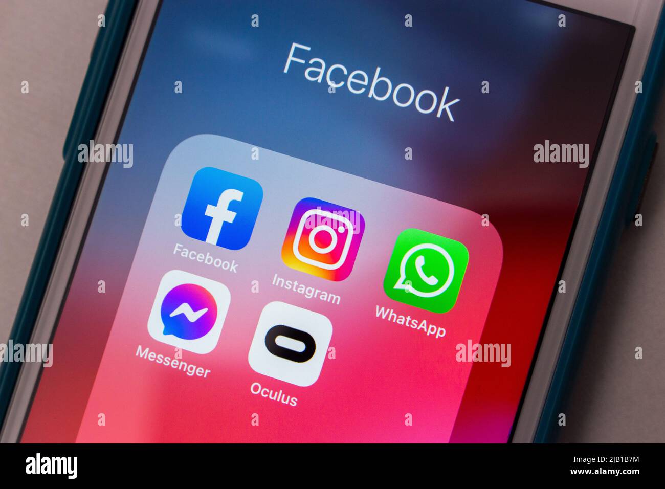 Kumamoto, JAPAN - Feb 15 2021 : Facebook app with Instagram, Messenger, WhatsApp and Oculus VR on an iPhone. US Big Tech (Big Five, GAFAM) concept Stock Photo