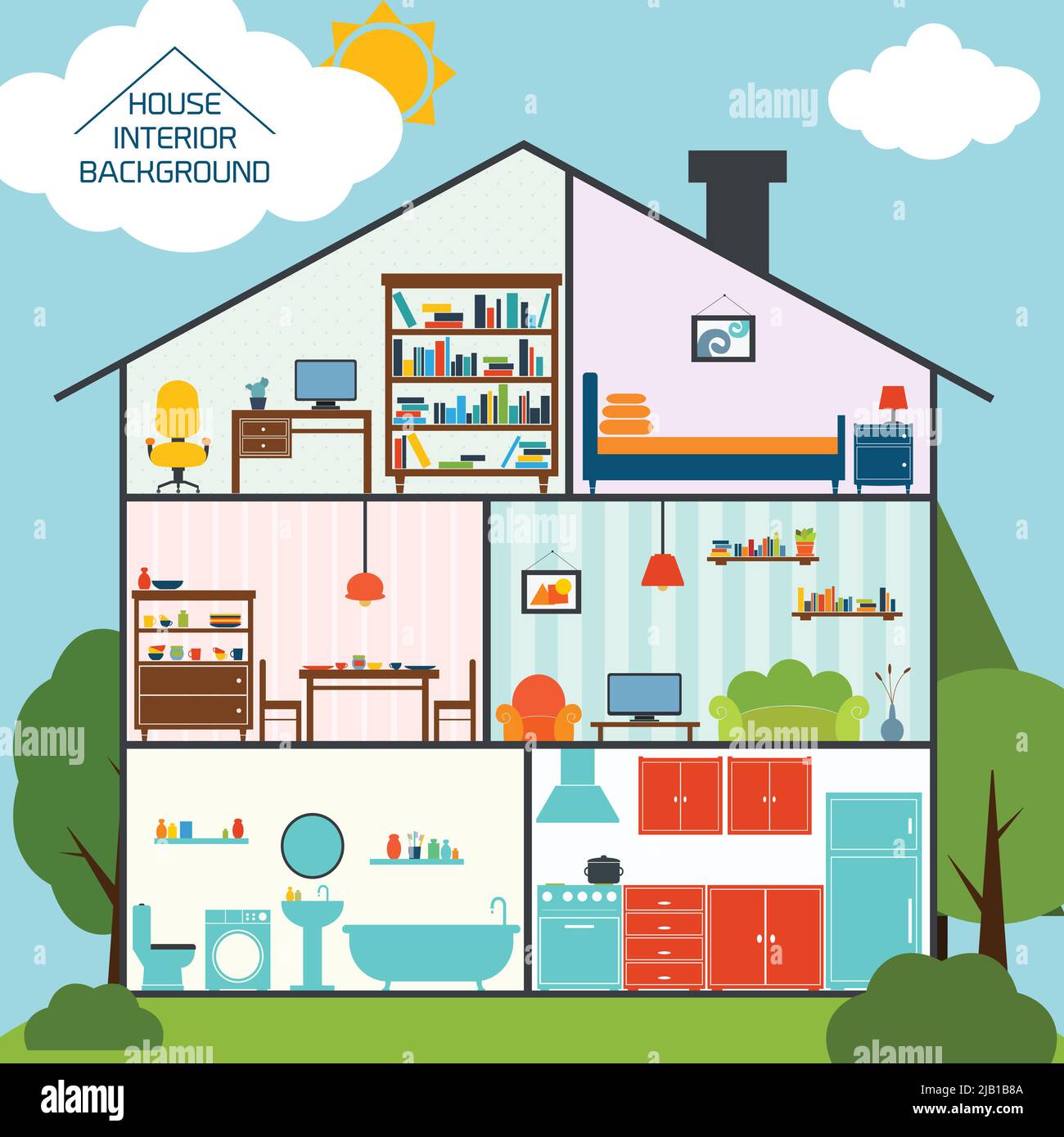 House interiors background with living rooms kitchen bathroom vector