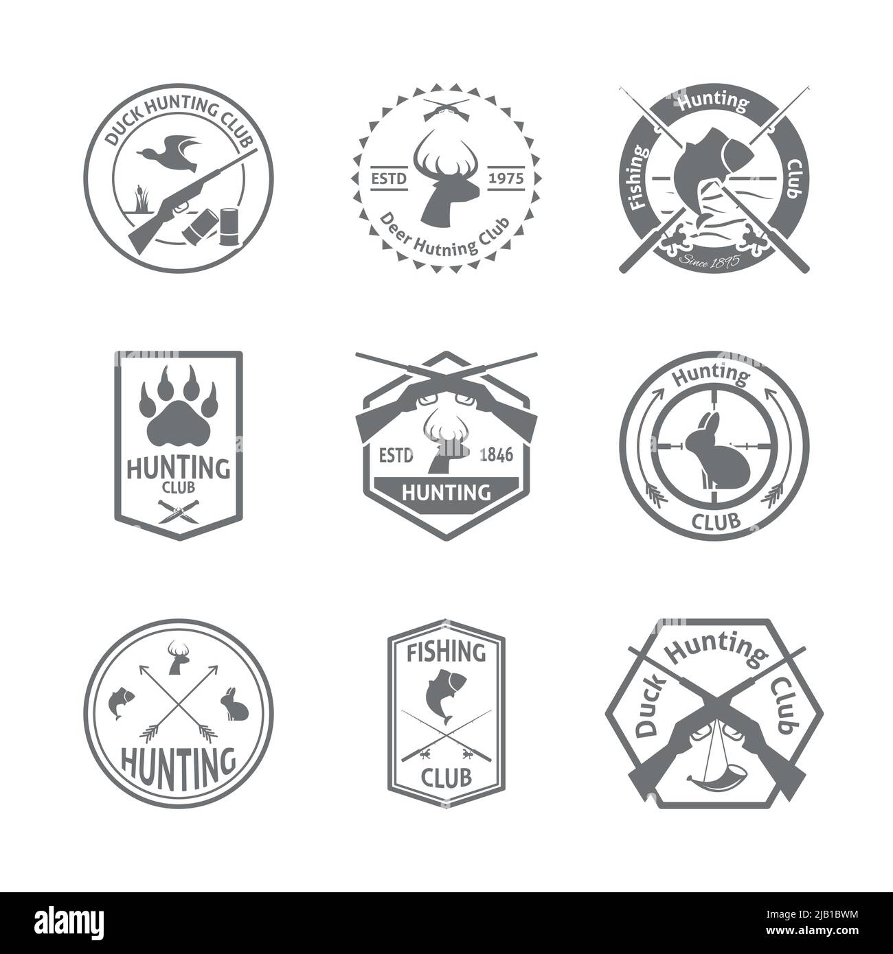 Set of hunting animal wild life leisure labels emblem with letterpress in gray color  vector illustration Stock Vector