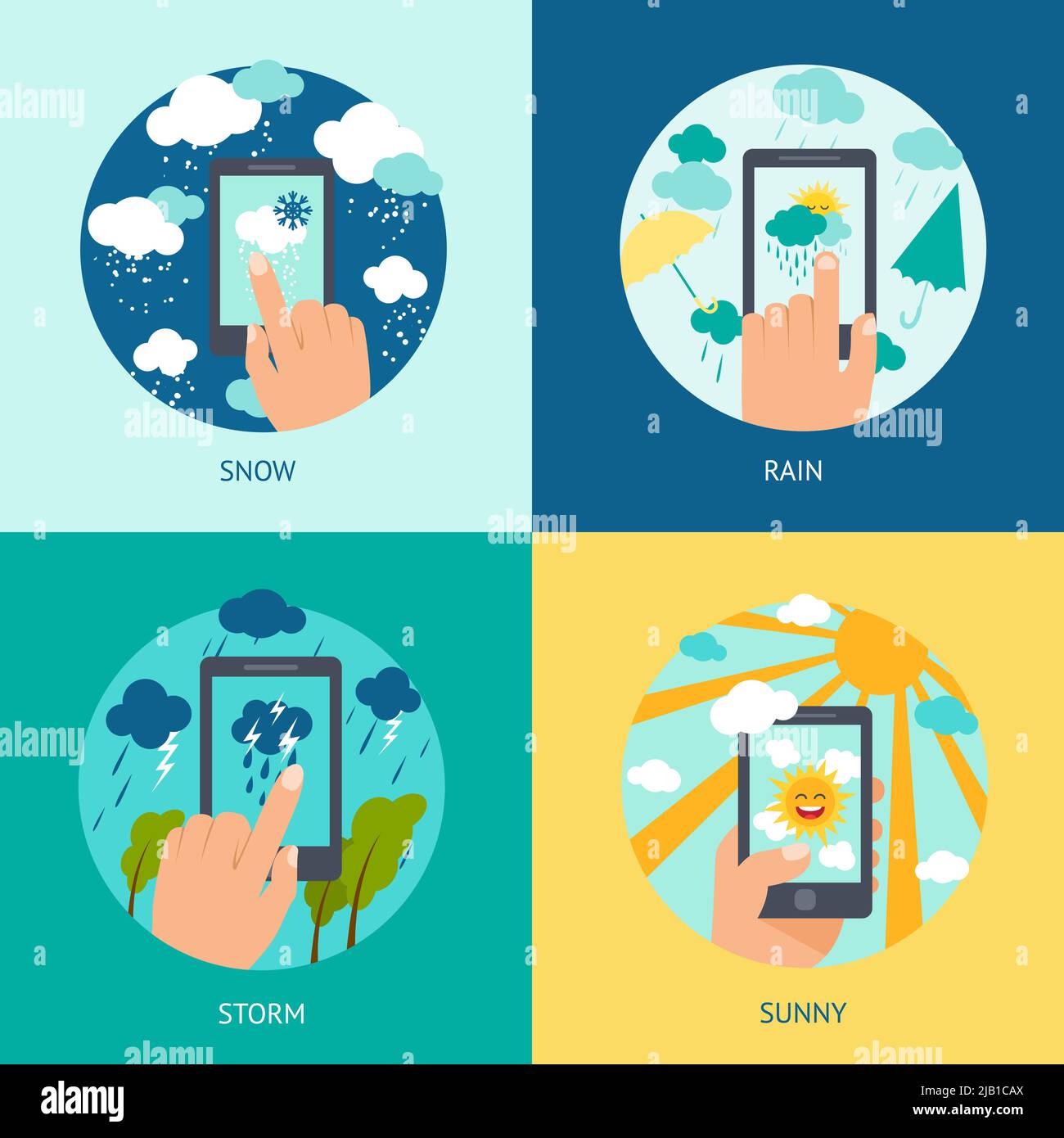 Weather smart phone set snow rain storm and sunny forecast isolated vector illustration Stock Vector