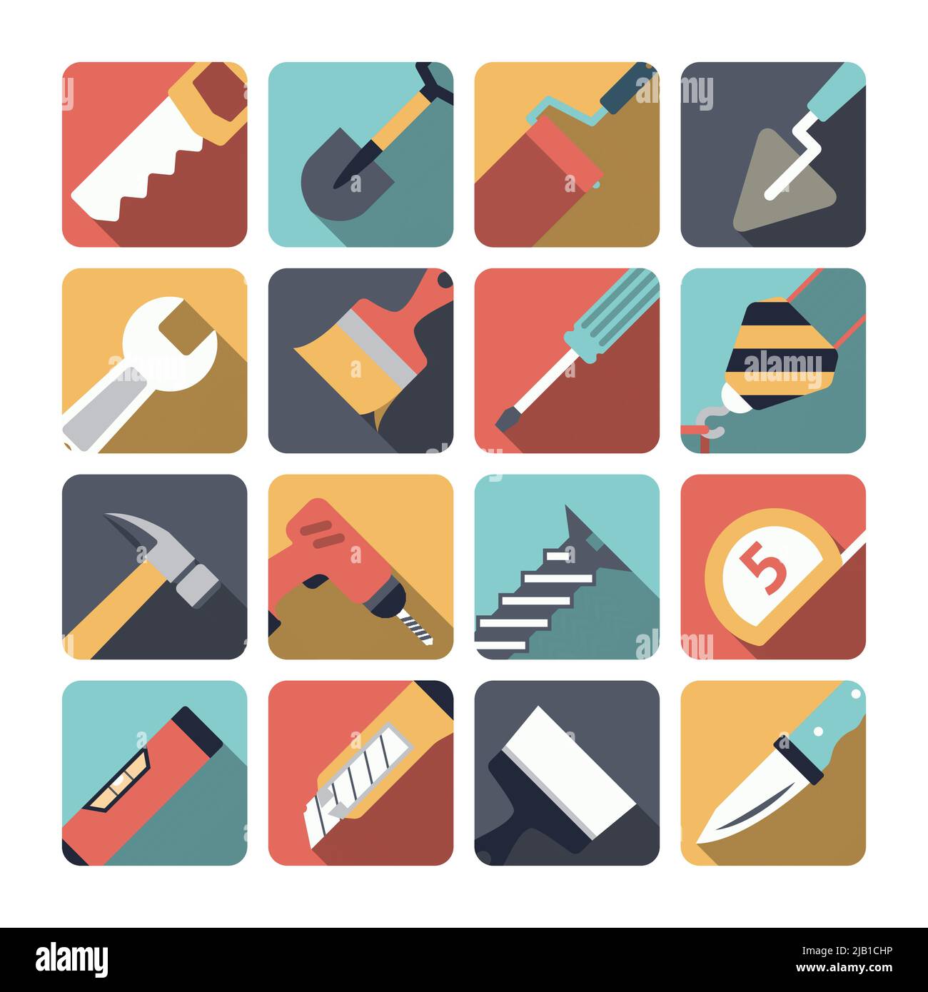 Home repair instruments pictograms set flat with shadow of paint brush and retractable knife isolated vector illustration Stock Vector