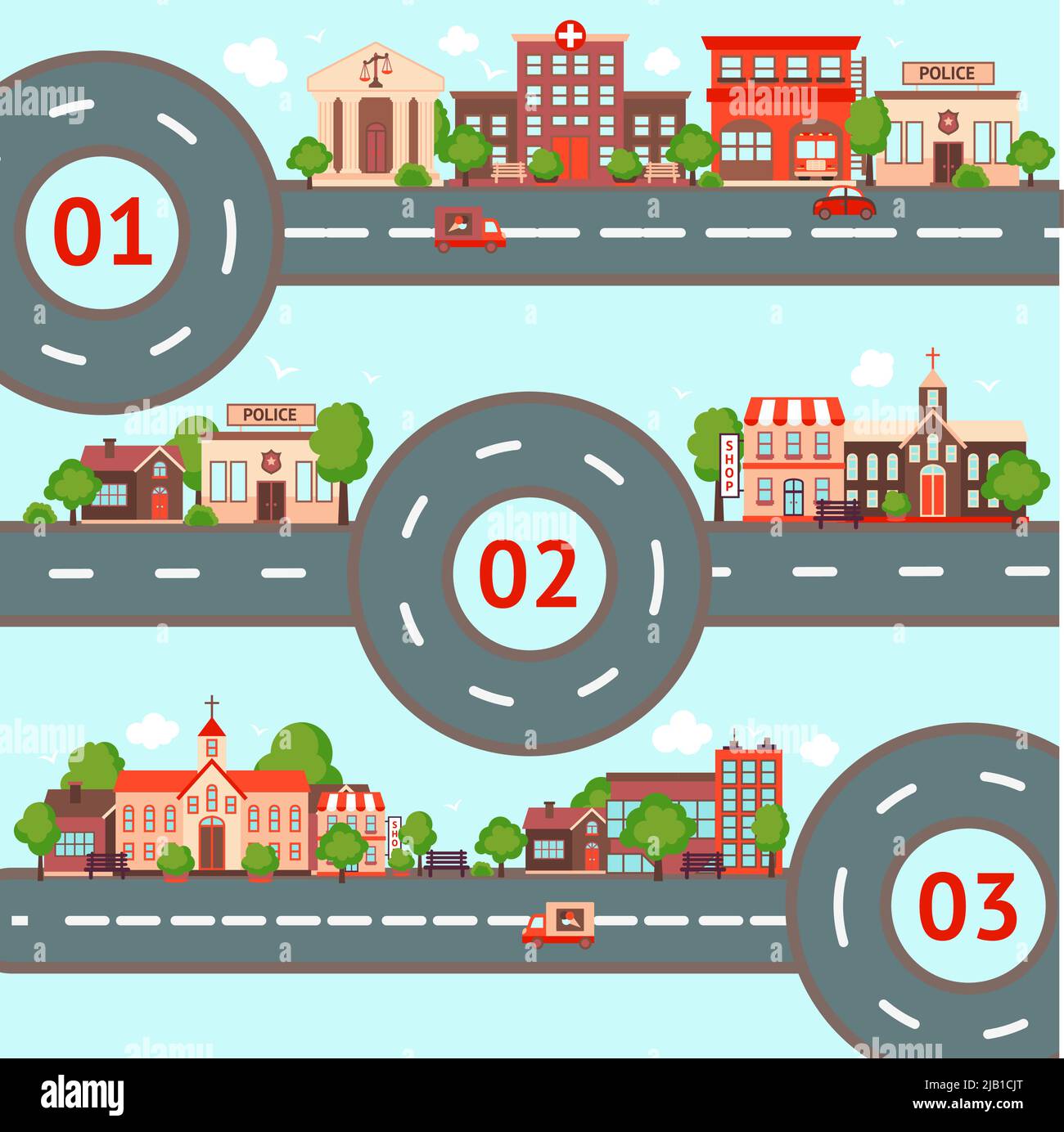 City streets roads infographic set with retro urban buildings vector illustration Stock Vector