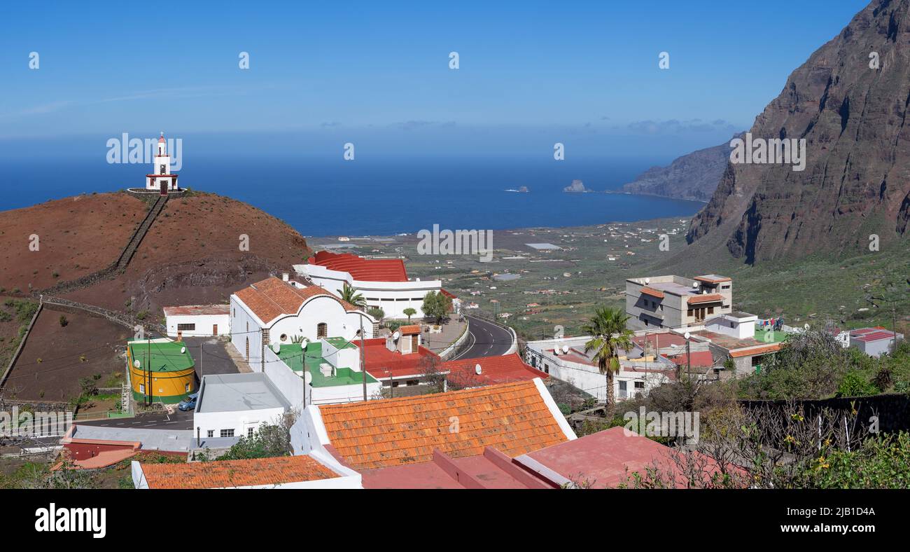 View to the famous bell tower of La Frontera, El Hierro above the church Stock Photo