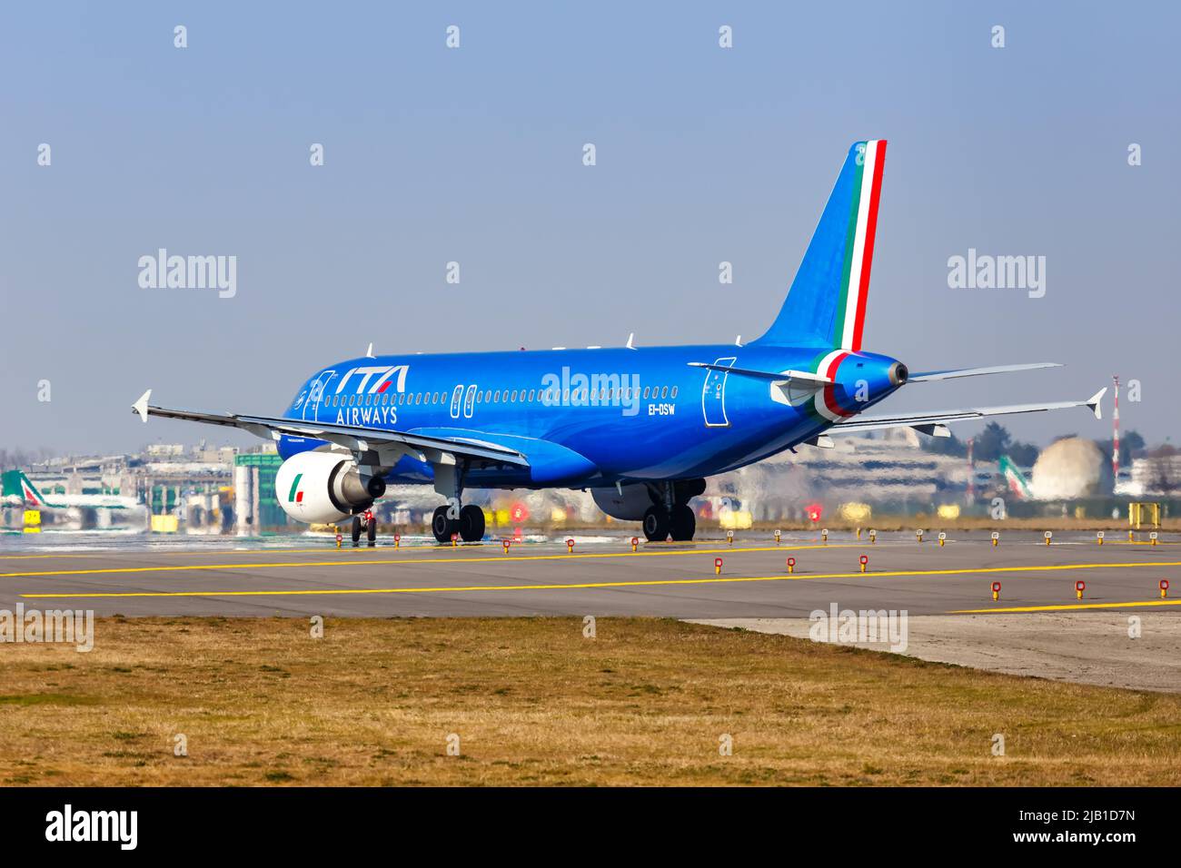 Milan, Italy - March 22, 2022: ITA Airways Airbus A320 airplane at Milan Linate airport (LIN) in Italy. Stock Photo