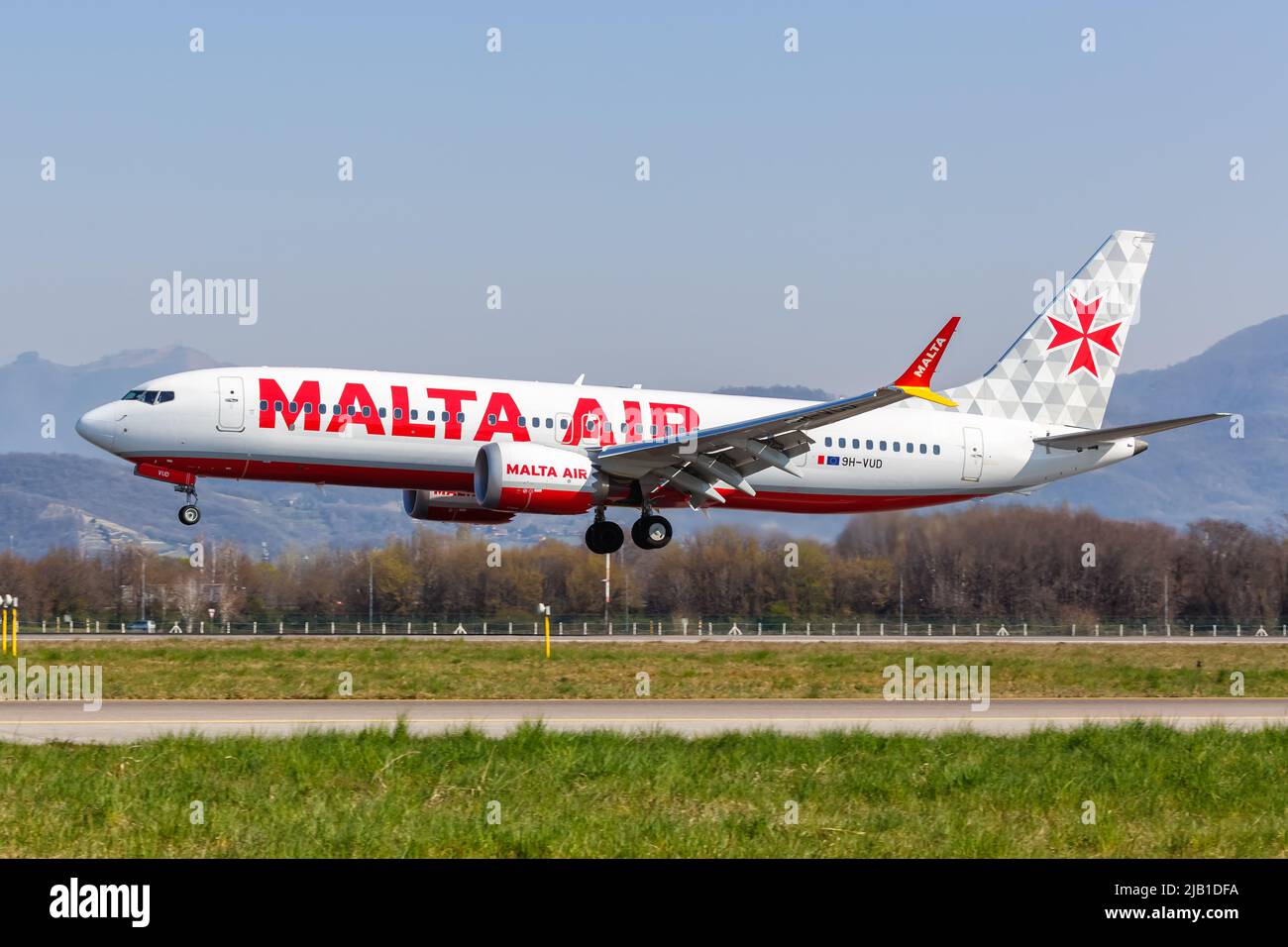 Bergamo, Italy - March 25, 2022: Malta Air Boeing 737-8-200 MAX airplane at Bergamo airport (BGY) in Italy. Stock Photo
