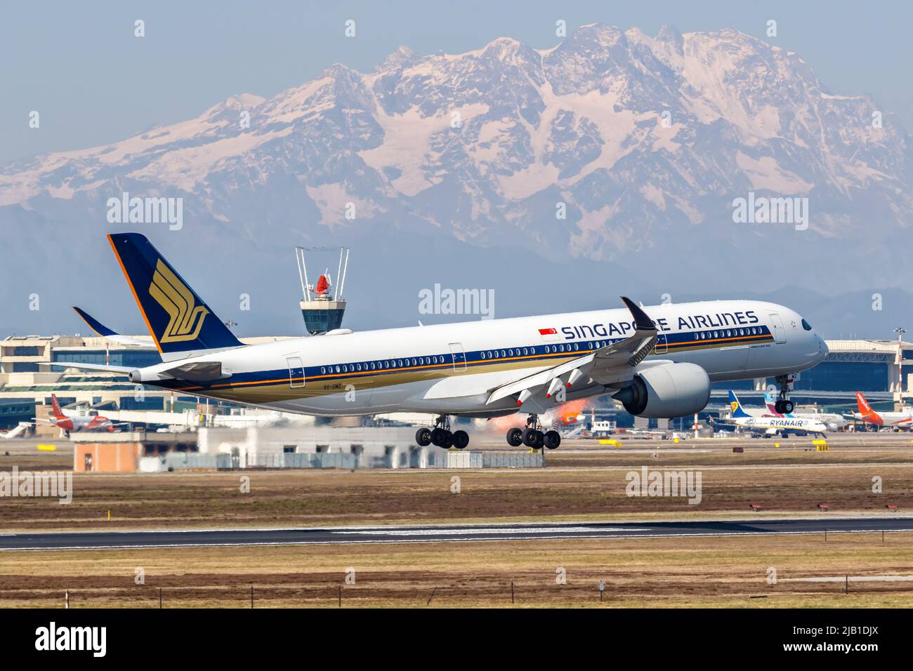 Milan, Italy - March 24, 2022: Singapore Airlines Airbus A350-900 airplane at Milan Malpensa airport (MXP) in Italy. Stock Photo