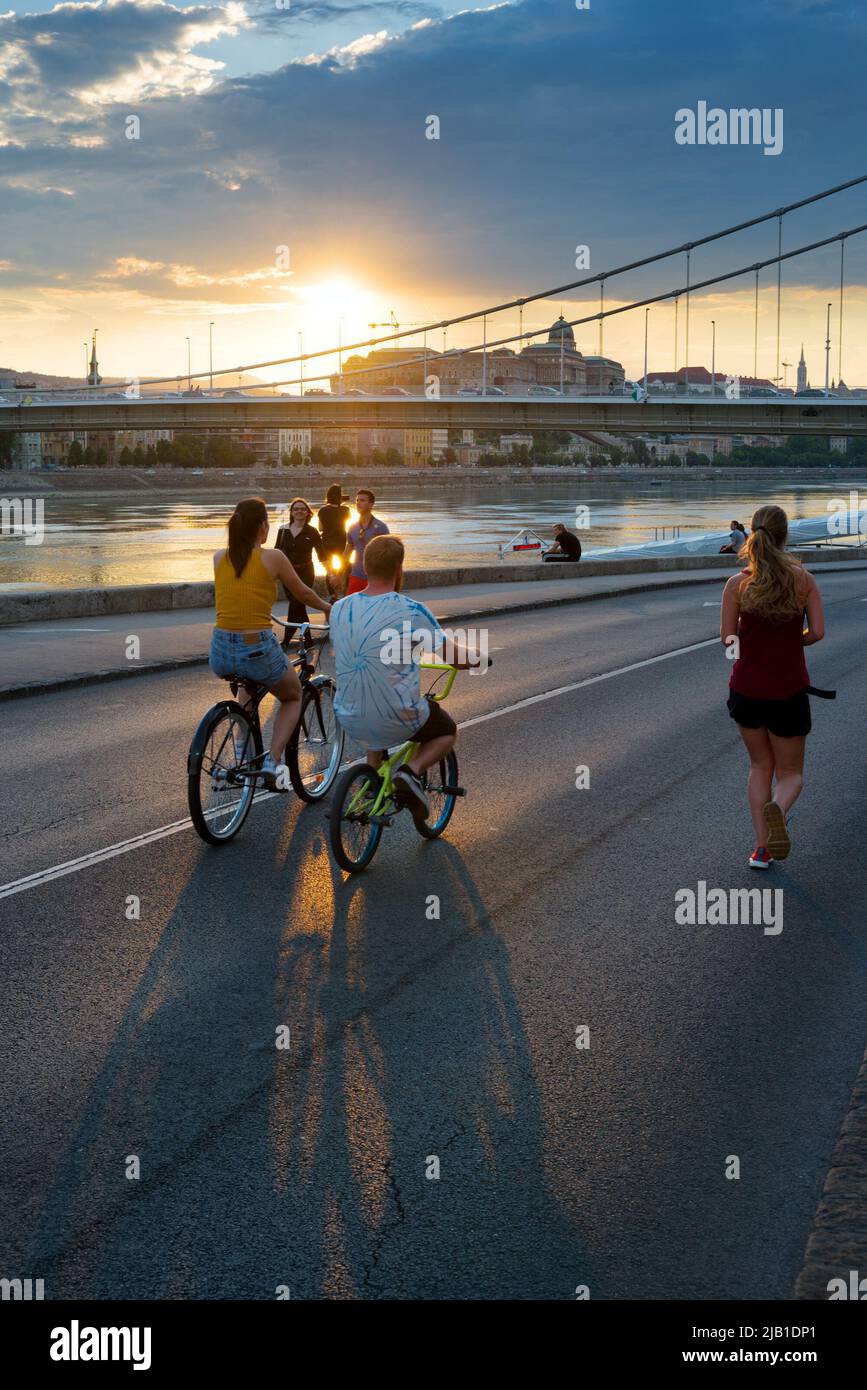People on the street closed for traffic during weekend. Budapest Stock Photo