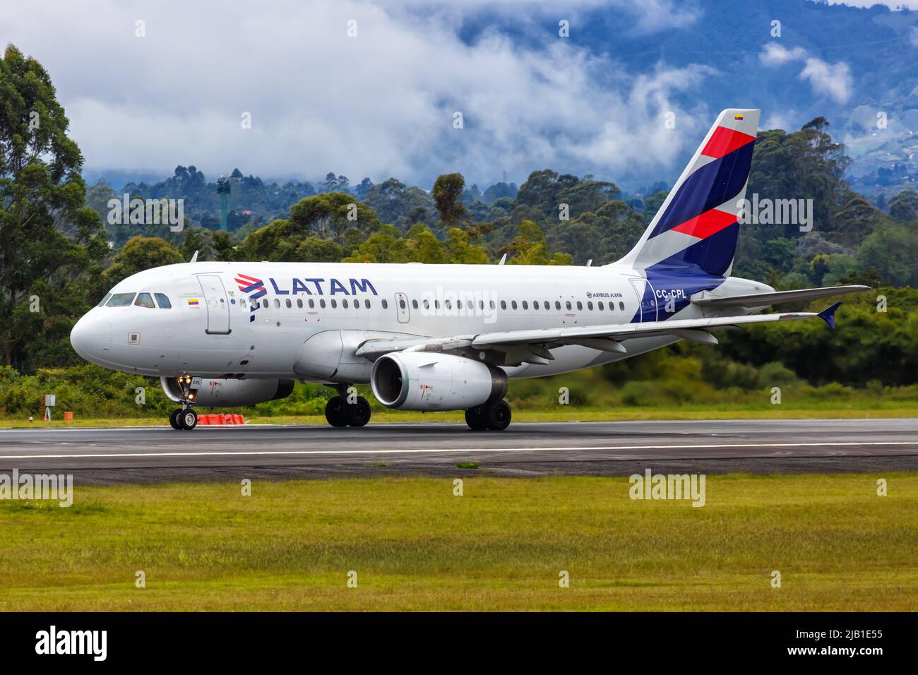 Medellin, Colombia - April 19, 2022: LATAM Airbus A319 airplane at Medellin Rionegro airport (MDE) in Colombia. Stock Photo