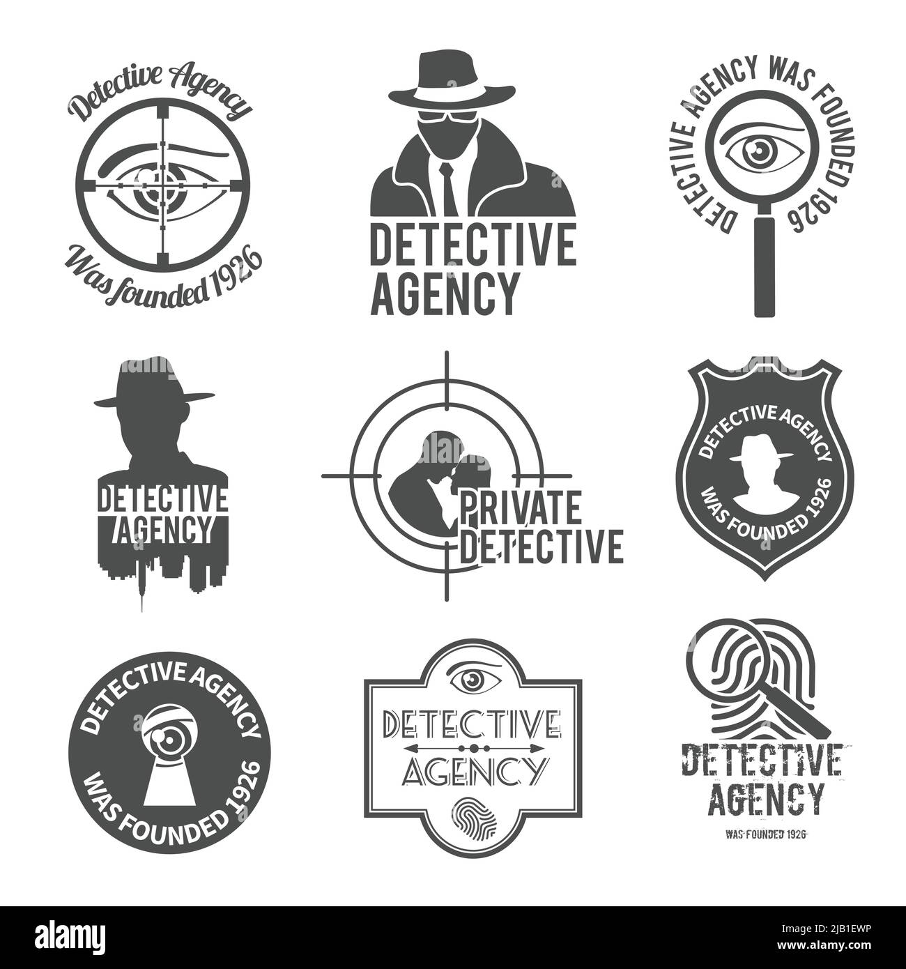 Police private premium detective agency black labels badges and stamps set isolated vector illustration Stock Vector