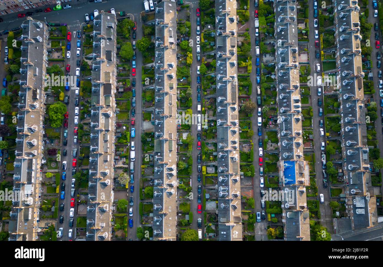 Aerial view of rows of terraced houses in Colony Layout at Abbeyhill in