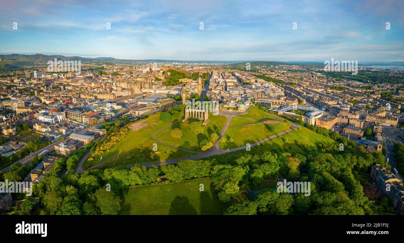 Aerial view at sunrise of Calton Hill and skyline of Edinburgh, Scotland, Uk Stock Photo