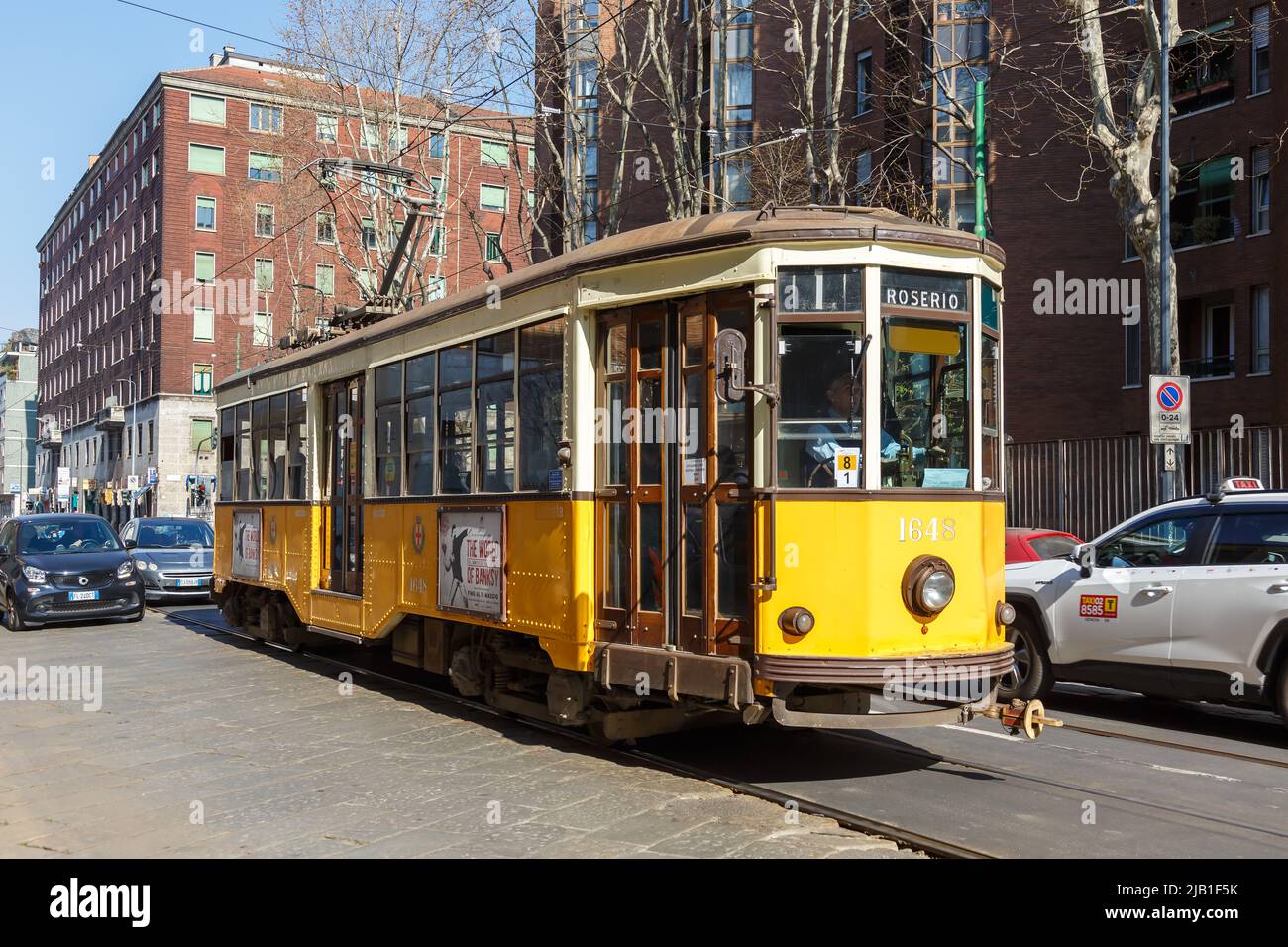 Milan, Italy - March 23, 2022: Old tram Ventotto type Milano public transport transit transportation traffic in Milan, Italy. Stock Photo