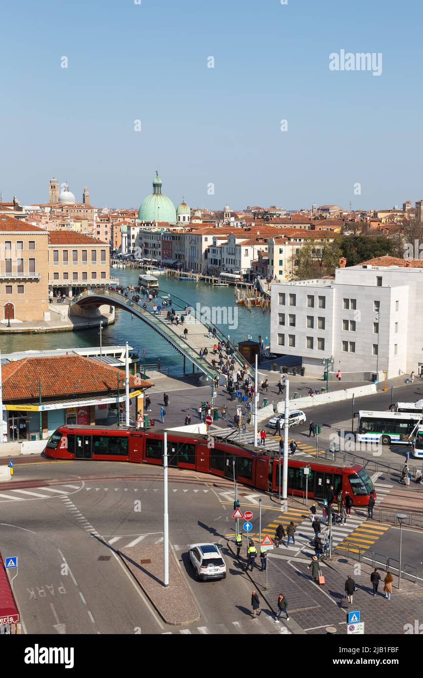 Venice, Italy - March 20, 2022: Rubber-tyred tram and bus station at Piazzale Roma public transport in Venice, Italy. Stock Photo
