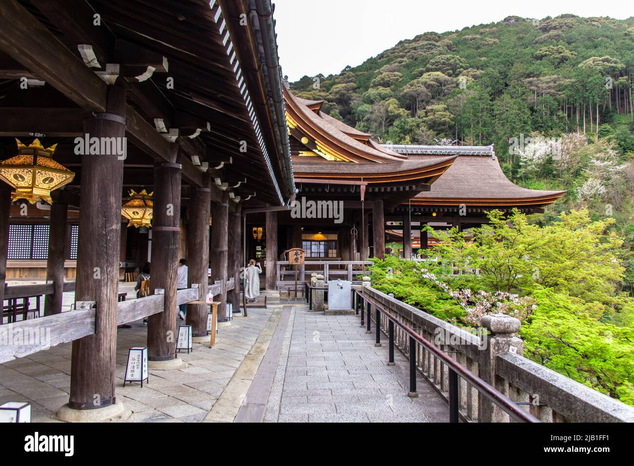 Main Hall Hondo, built on the slopes of Mount Higashiyama, at Otowa-san Kiyomizu-dera. The southern 'veranda' called Butai (Dancing Stage) Stock Photo