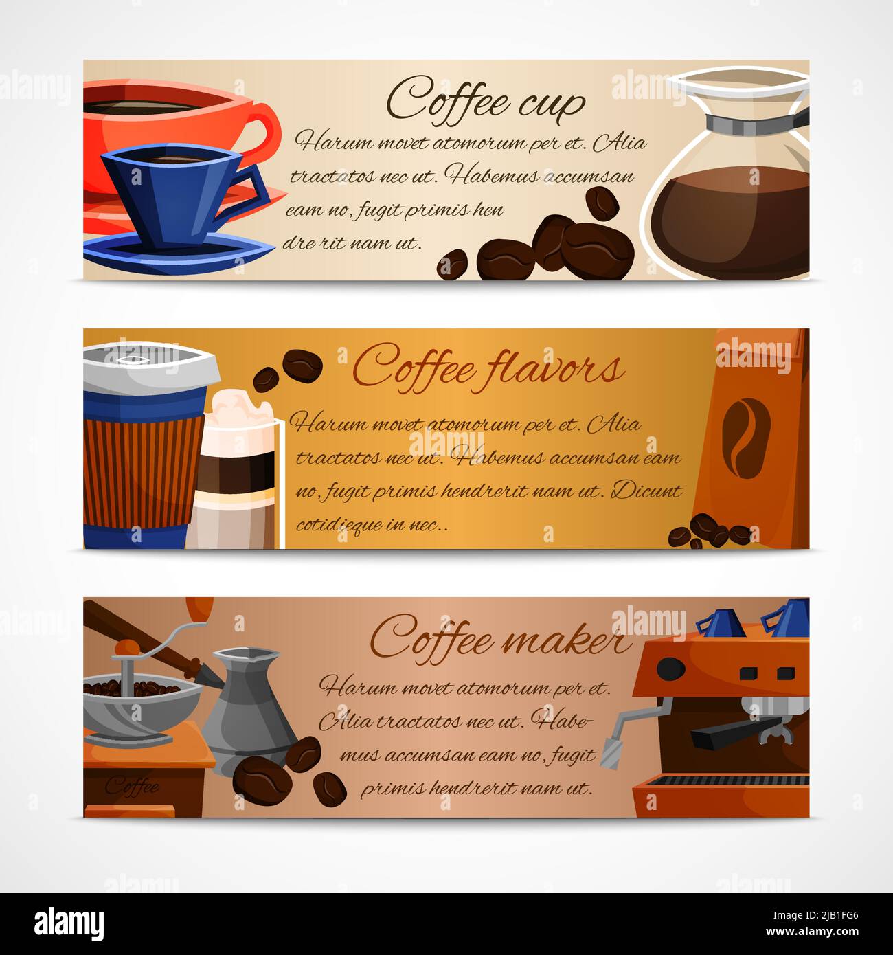 Coffee horizontal banner set with cup flavors maker isolated vector