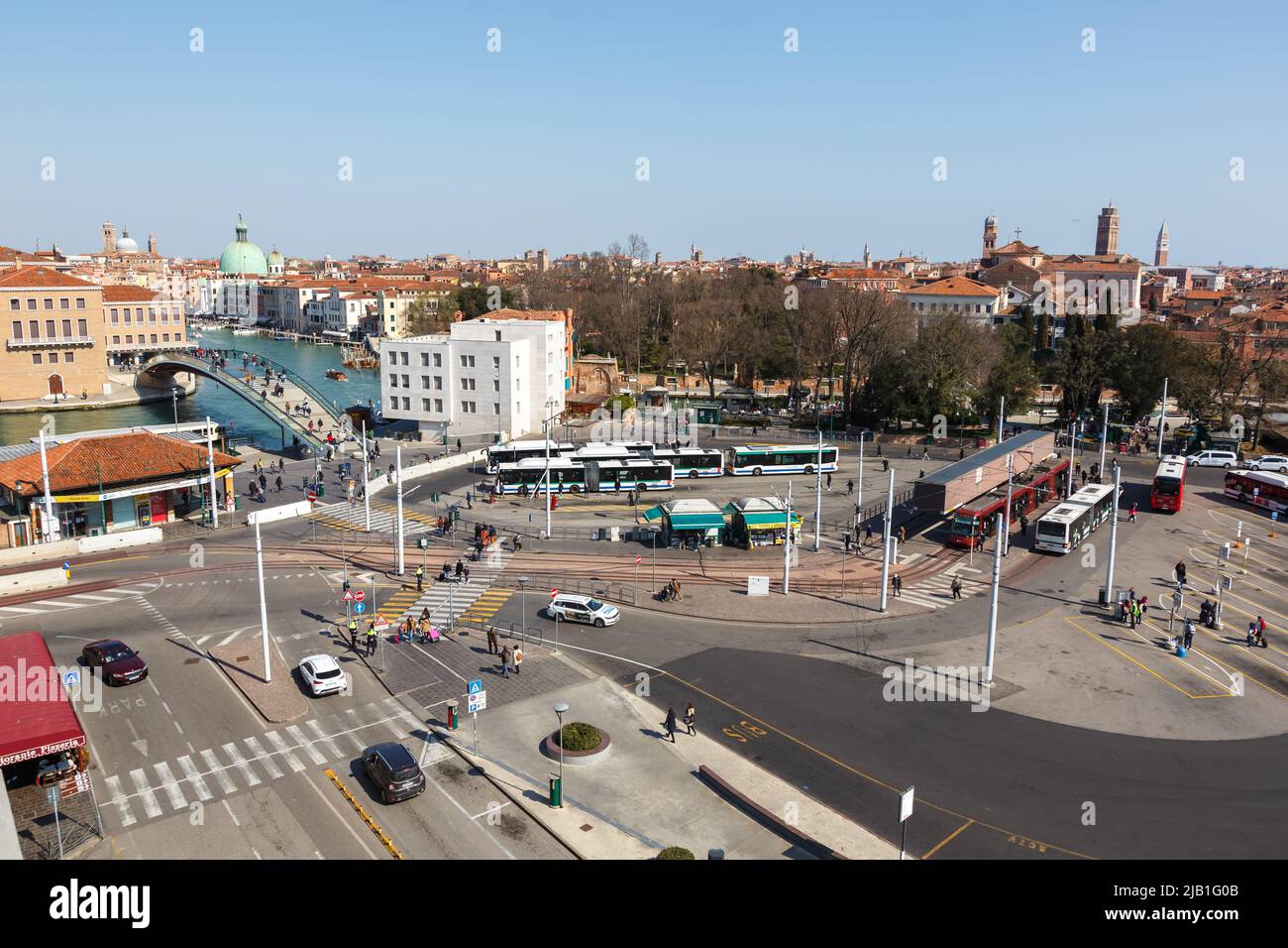 Venice, Italy - March 20, 2022: Bus station with rubber-tyred tram at Piazzale Roma public transport in Venice, Italy. Stock Photo