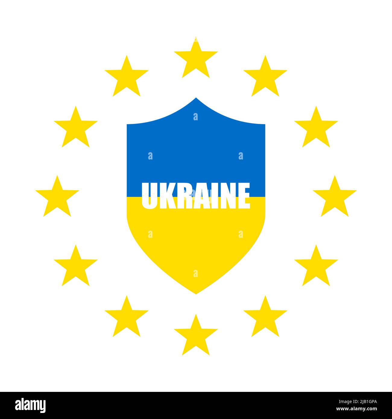 Ukrainian flag in the shape of a shield. Shield icon with stars. Save of Ukraine. Vector illustration. EU flag Stock Vector