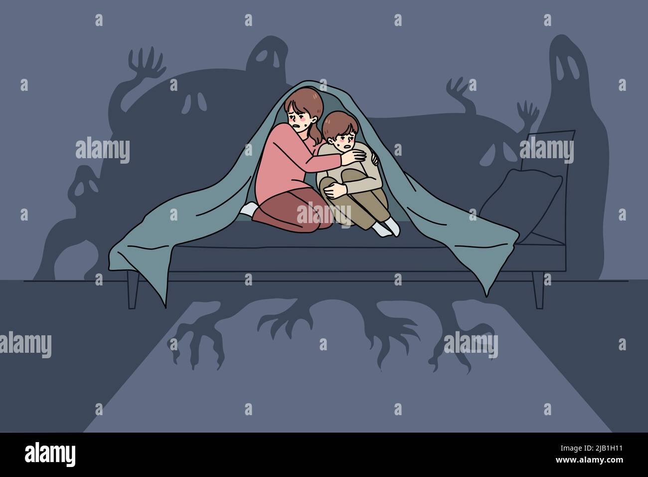 Scared small children sit on bed under blanket terrified by imaginary monsters. Frightened little kids feel fear and anxiety because of house ghosts. Childhood nightmare. Vector illustration.  Stock Vector