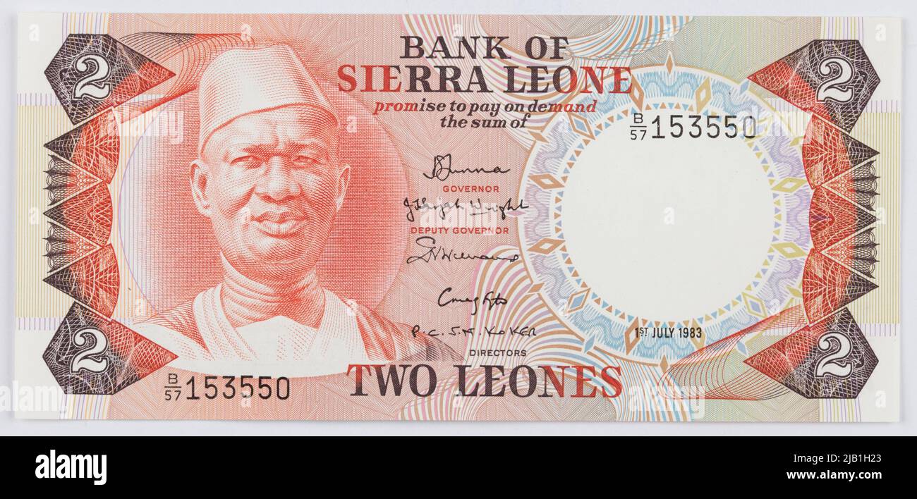 Banknot na 2 leones; Bank of Sierra Leone, Sierra Leone; 1.07.1983 r