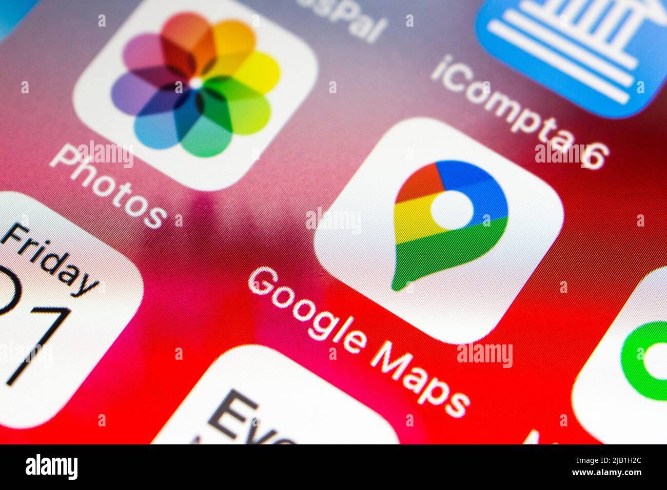 Kumamoto, Japan - Feb 20 2020 : Google Maps app on iPhone screen. Google Maps is a web mapping platform and consumer application developed by Google Stock Photo