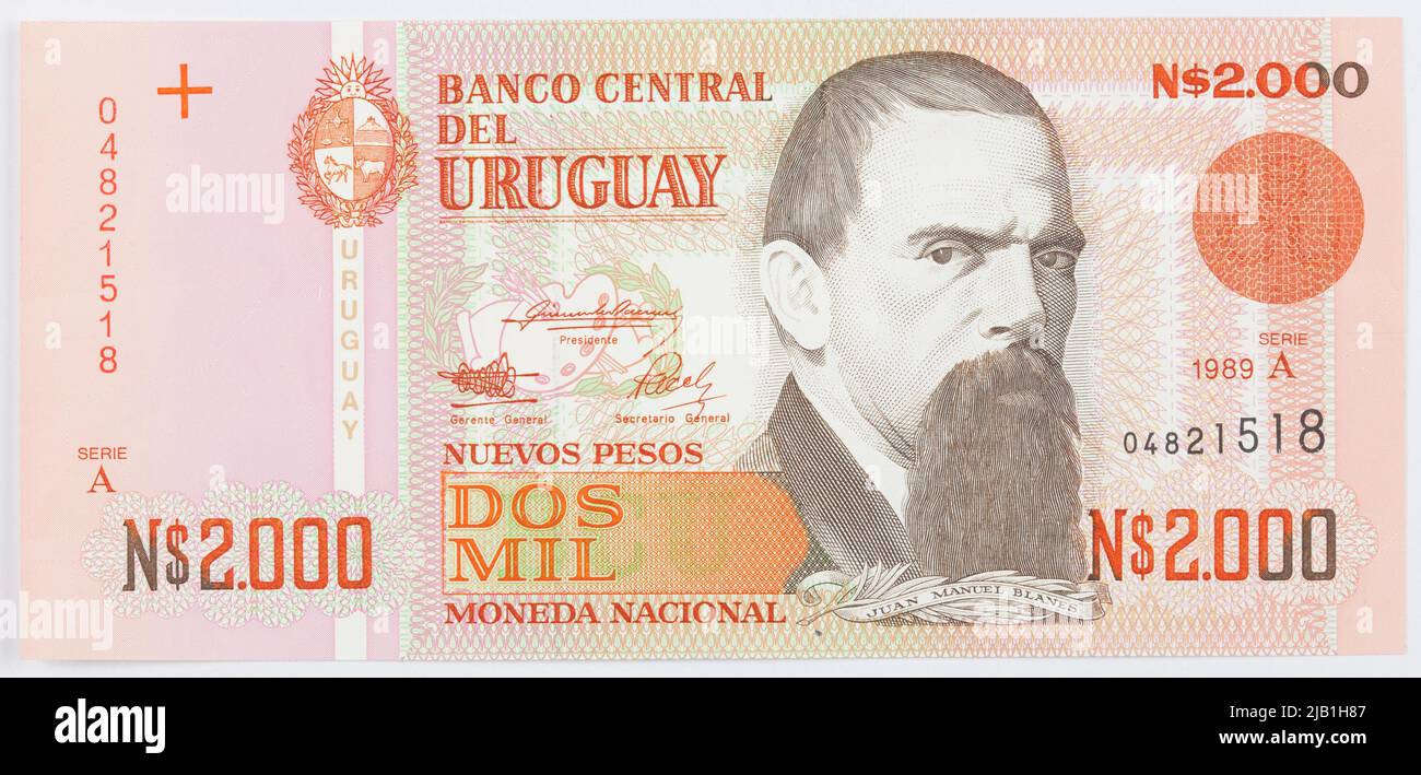 Banknote and 2000 New Pesos; Central Bank Of Uruguay, Uruguay; 1989 r ...