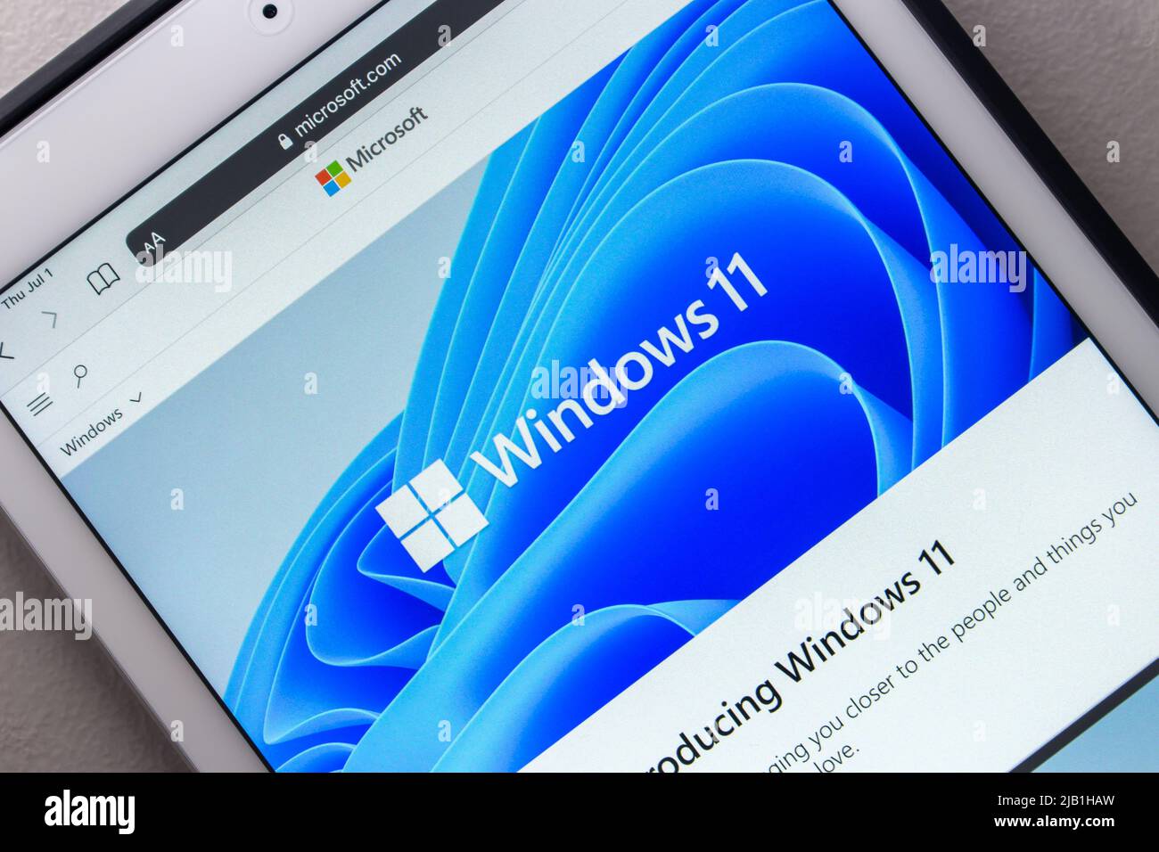 Kumamoto, JAPAN - Jul 1 2021 : Windows 11 website on tablet. Windows11 is a major release of the Windows NT operating system developed by Microsoft. Stock Photo