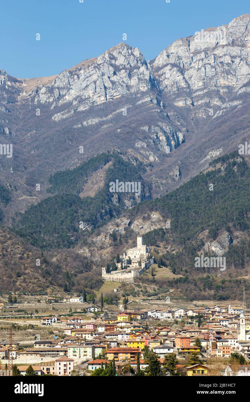 Castello di Avio castle landscape scenery Trento province region Alps mountains portrait format in Italy Stock Photo