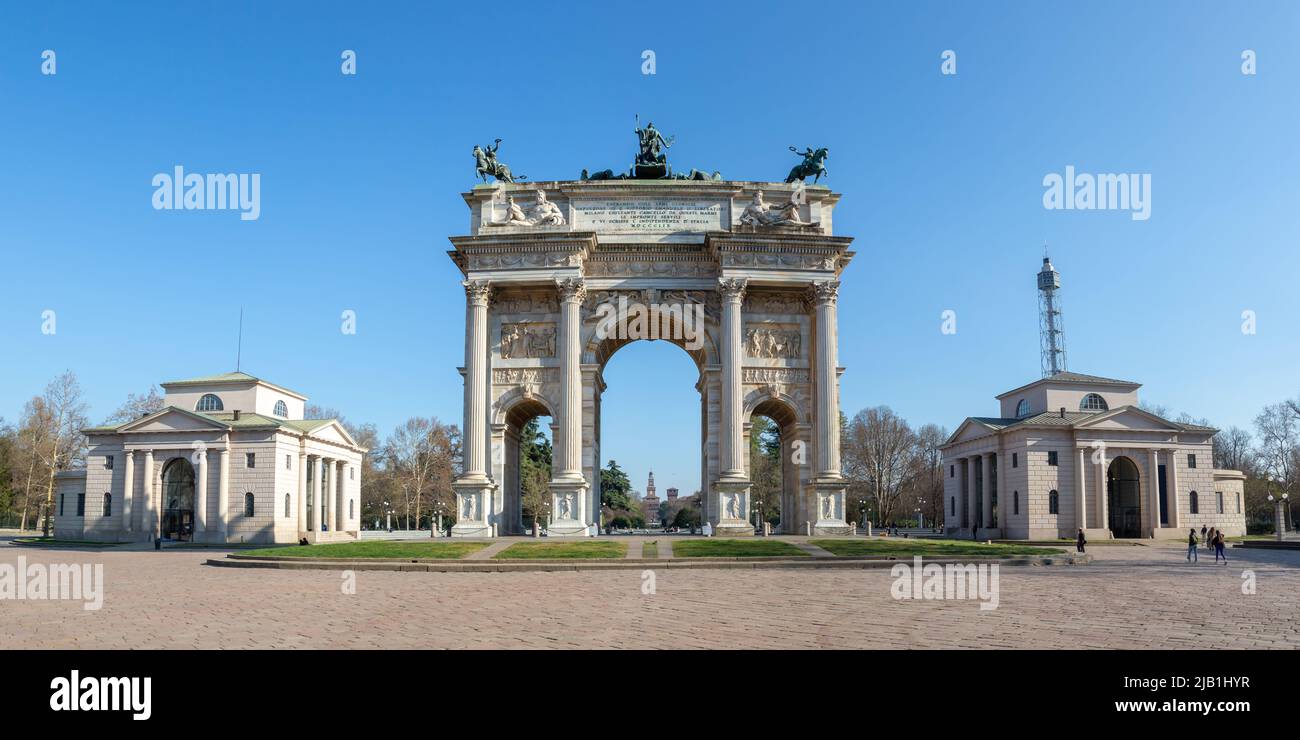 Milan Arco Della Pace Milano peace triumphal arch gate travel traveling town city panorama in Italy Stock Photo