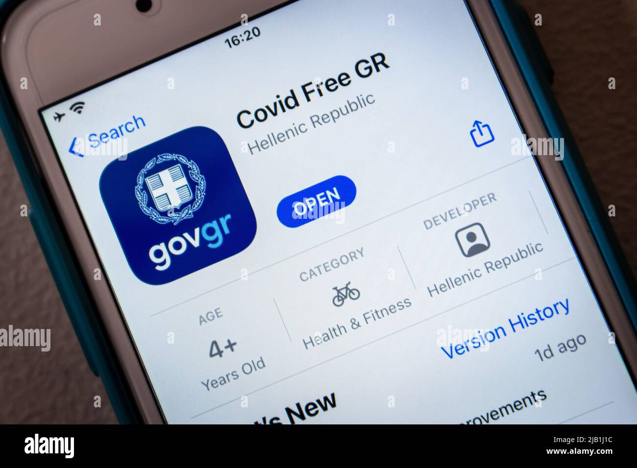 Kumamoto, JAPAN - Jul 14 2021 : Covid Free GR (official Greek app for the verification of European digital COVID certification) in App Store on iPhone Stock Photo
