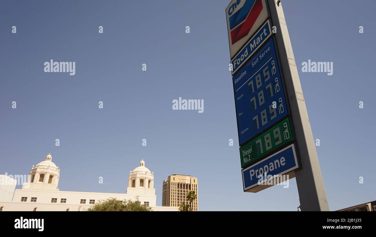 Los Angeles, USA. 1st June, 2022. Gas prices are displayed at a gas