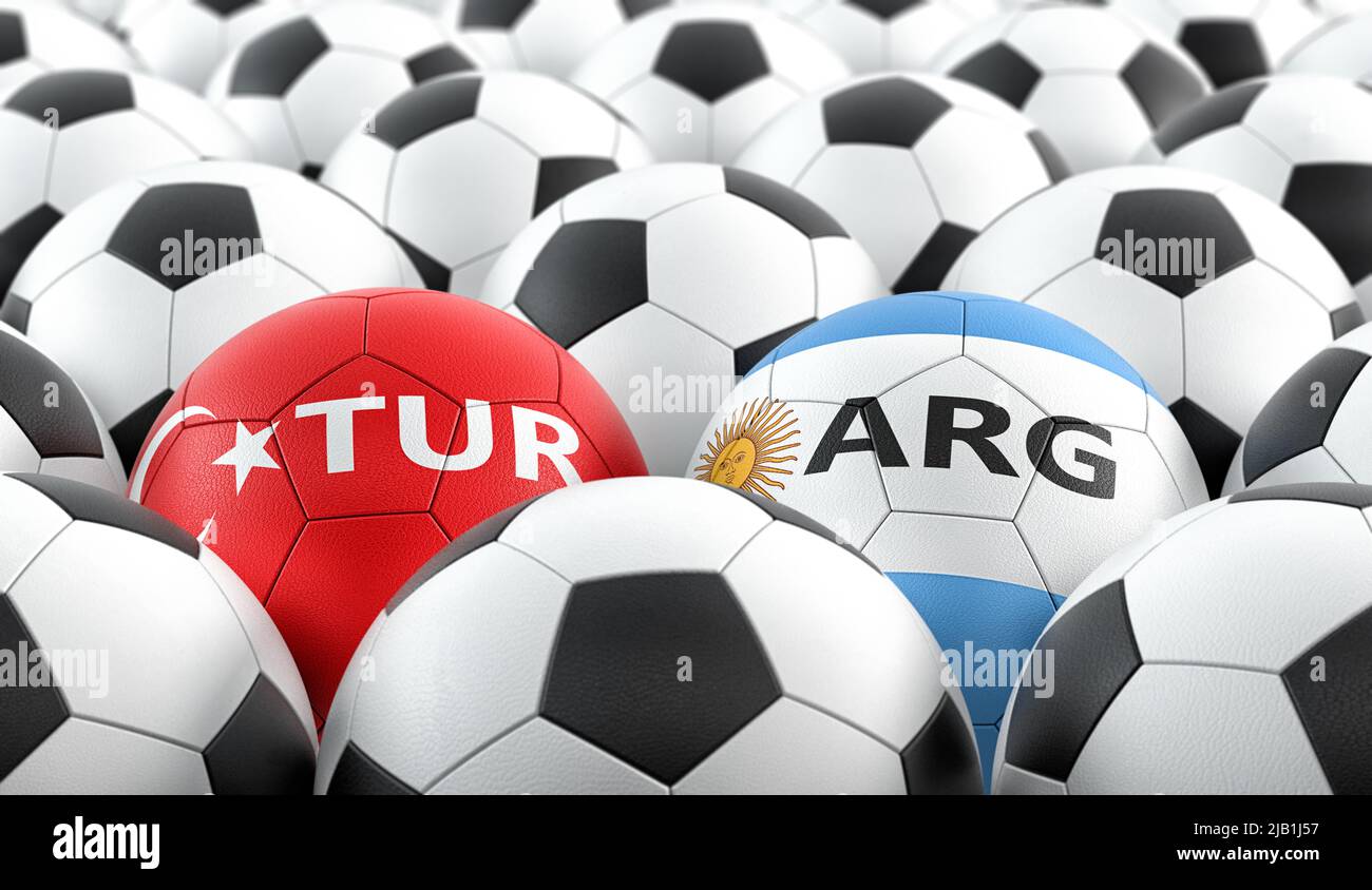 Turkey vs. Argentina Soccer Match - Leather balls in Turkey and Argentina national colors. 3D Rendering Stock Photo