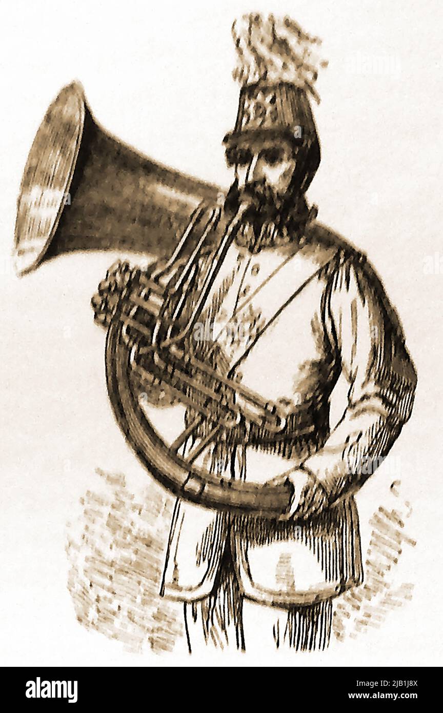 A British 19th century engraving of a military BOMBARDON (Base tuber) which had unusual valve and bore arrangements compared to modern tubas. Stock Photo