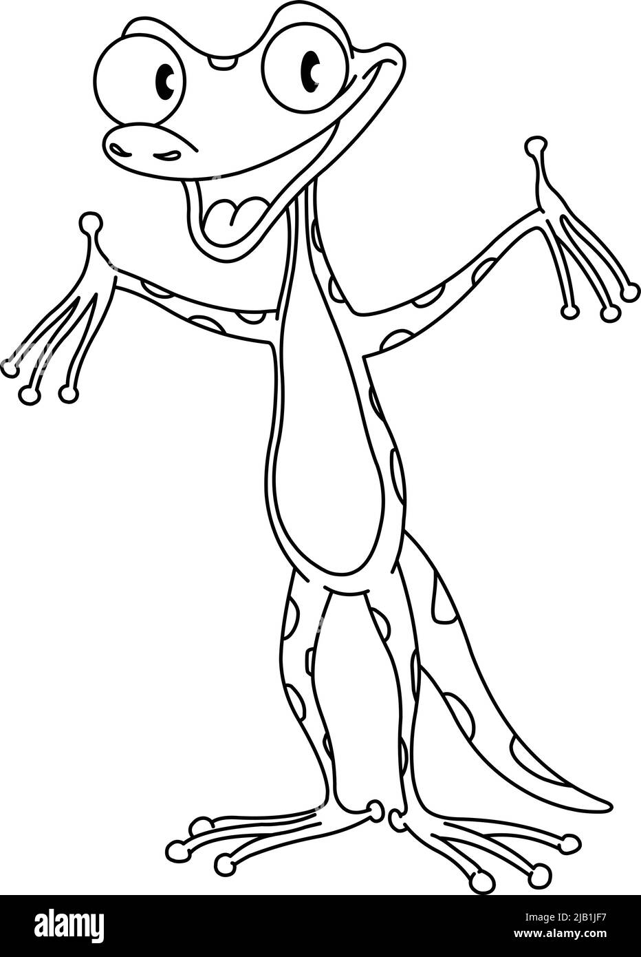 Outlined happy cute gecko holding up his arms, Vector line art illustration coloring page. Stock Vector