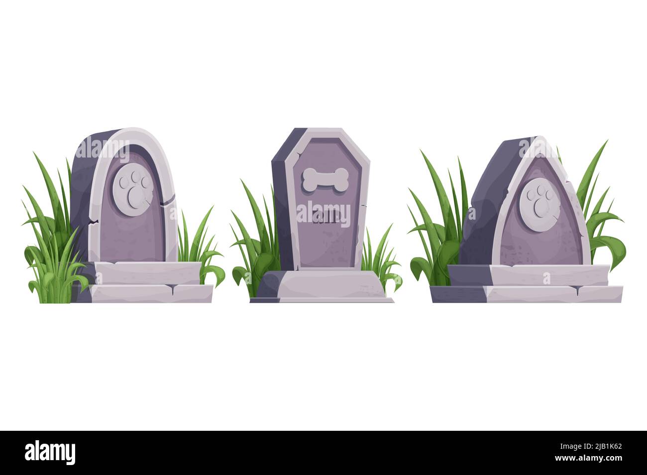 Set Pet gravestone, animal funeral with foot print decorated with grass collection in cartoon style isolated on white background. . Vector illustration Stock Vector