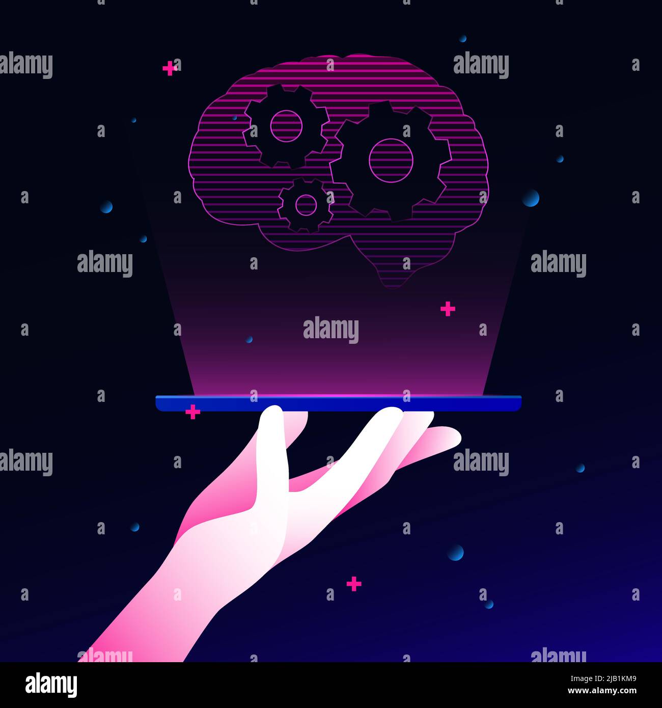 Hand Holding Brain Hologram. Vector illustration Stock Vector