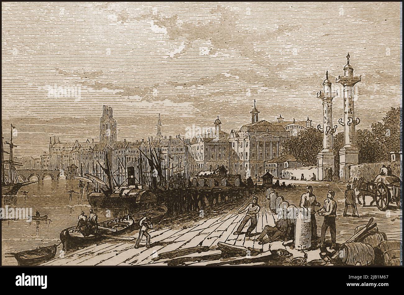A 19th century engraving showing the quay at Bordeaux, France in 1893   -----   Une gravure du 19ème siècle montrant le quai de Bordeaux, France en 1893 Stock Photo