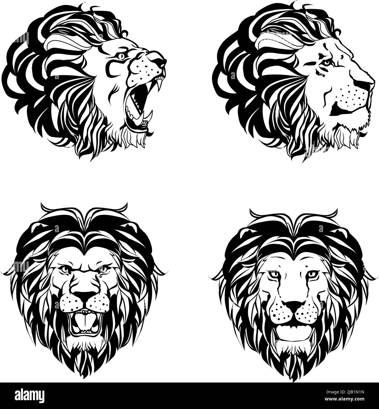 Collection of four engravings with lion head in different angles in hand drawn ink style isolated on white background vector illustration Stock Vector