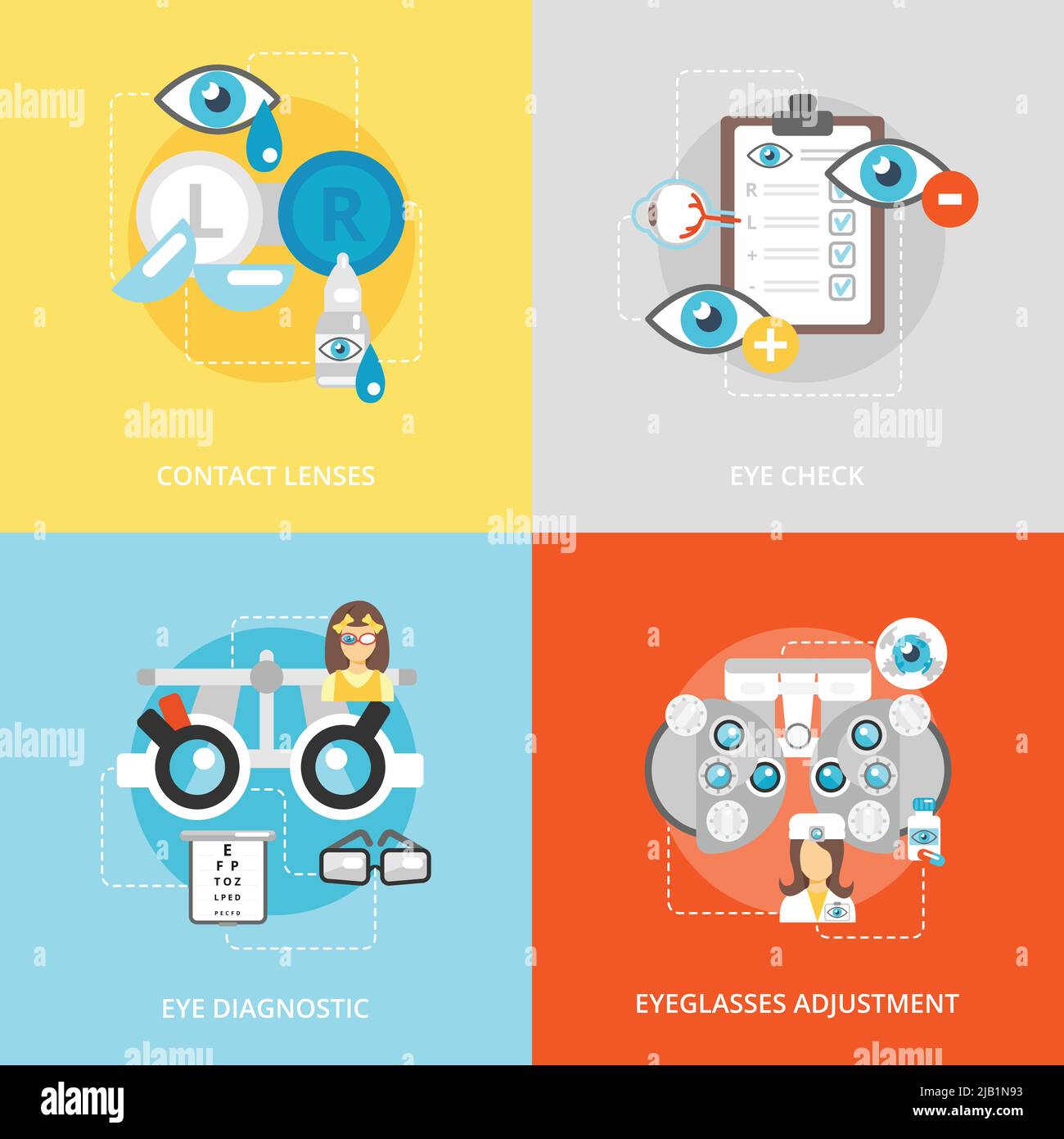 Oculist flat icons set with contact lenses eye check diagnostics ...