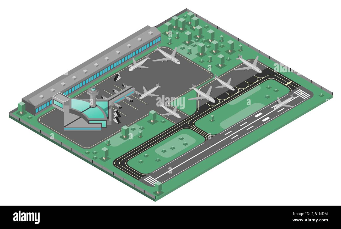 Airport isometric concept with airplanes runway and infrastructure icons set vector illustration Stock Vector
