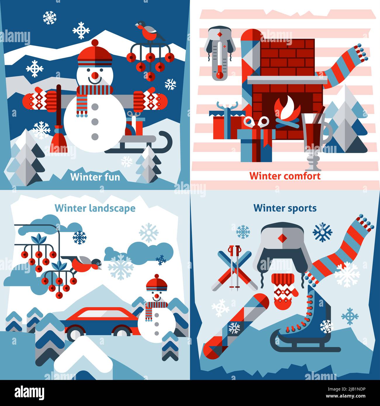 Winter flat icons set with sports comfort fun landscape isolated vector ...