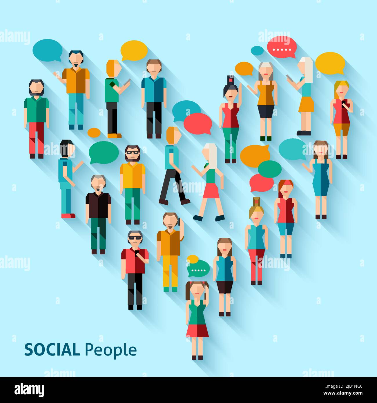 People male and female pixel avatar group with speech bubbles in heart shape vector illustration Stock Vector