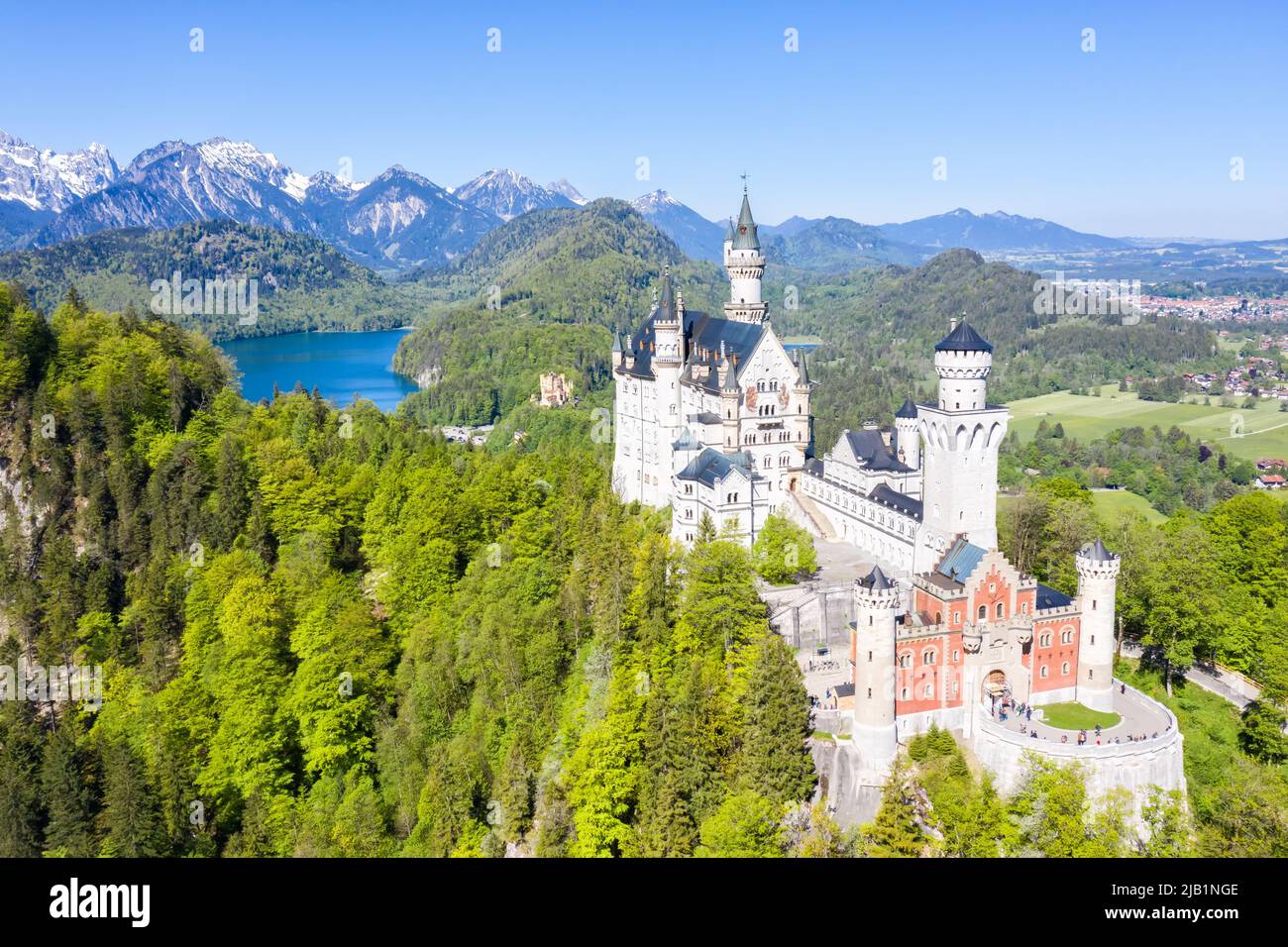 Schloss Neuschwanstein castle aerial view Alps landscape travel palace in Bavaria Germany Stock Photo