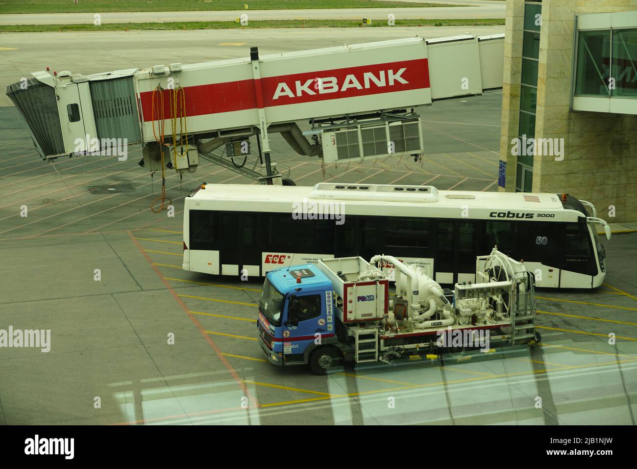 7 May 2022 Ankara Turkey. Ground Services vehicles and ramp on apron at