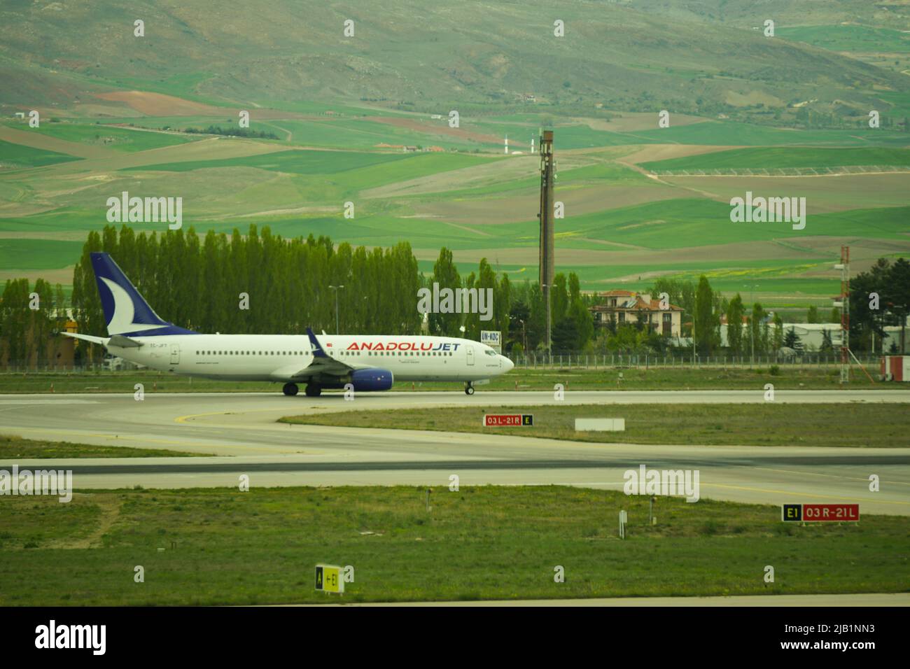 7 May 2022 Ankara Turkey. Anadolu jet boeing preparing to depart on Esenboga airport Stock Photo