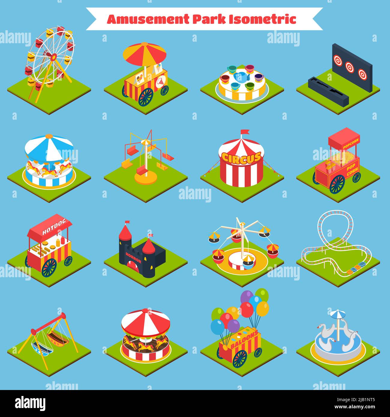 Amusement park isometric icons set with 3d ferris-wheel ice cream and ...
