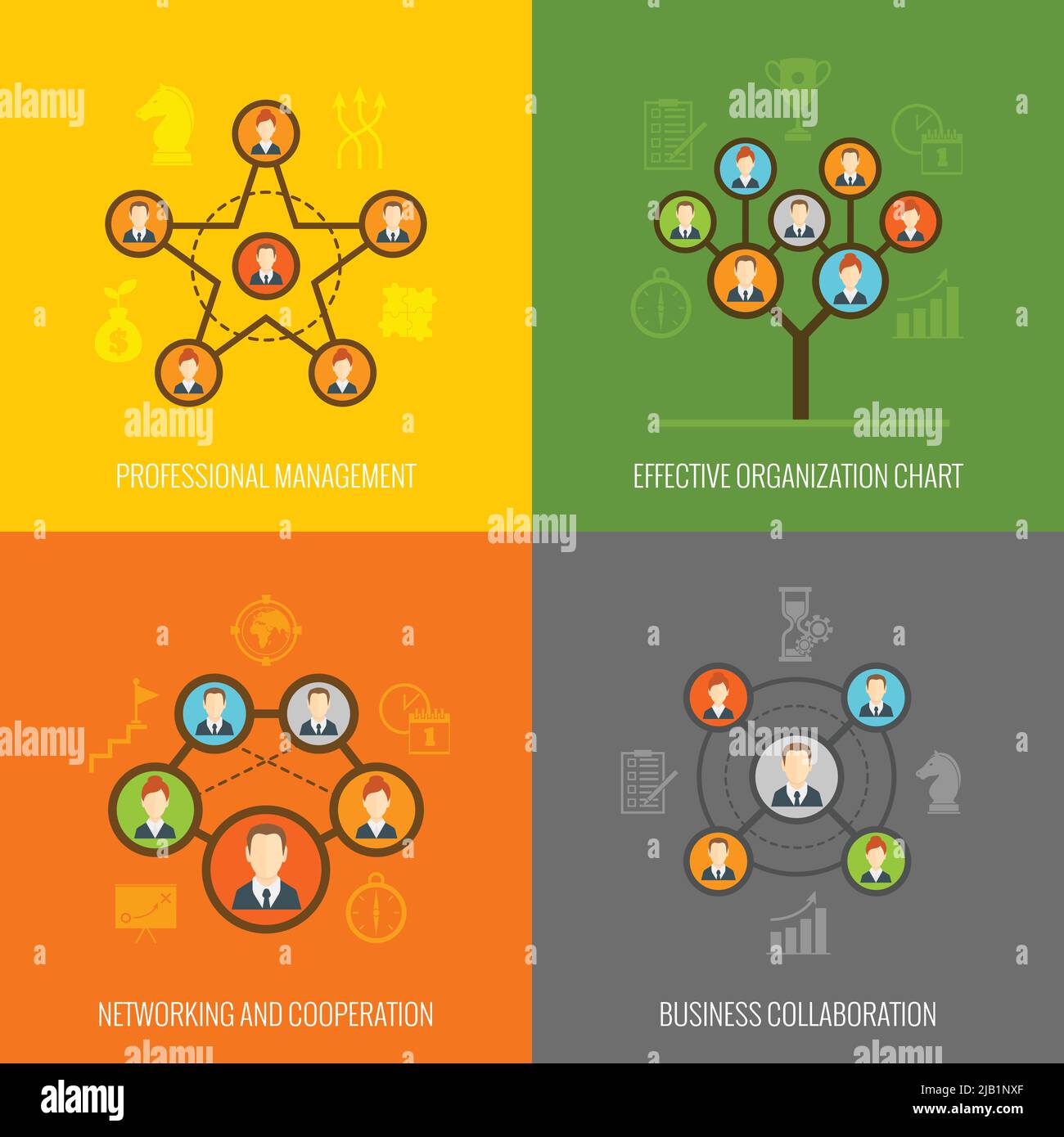 Connected people social network human hierarchy and communication concept flat icons set isolated vector illustration Stock Vector