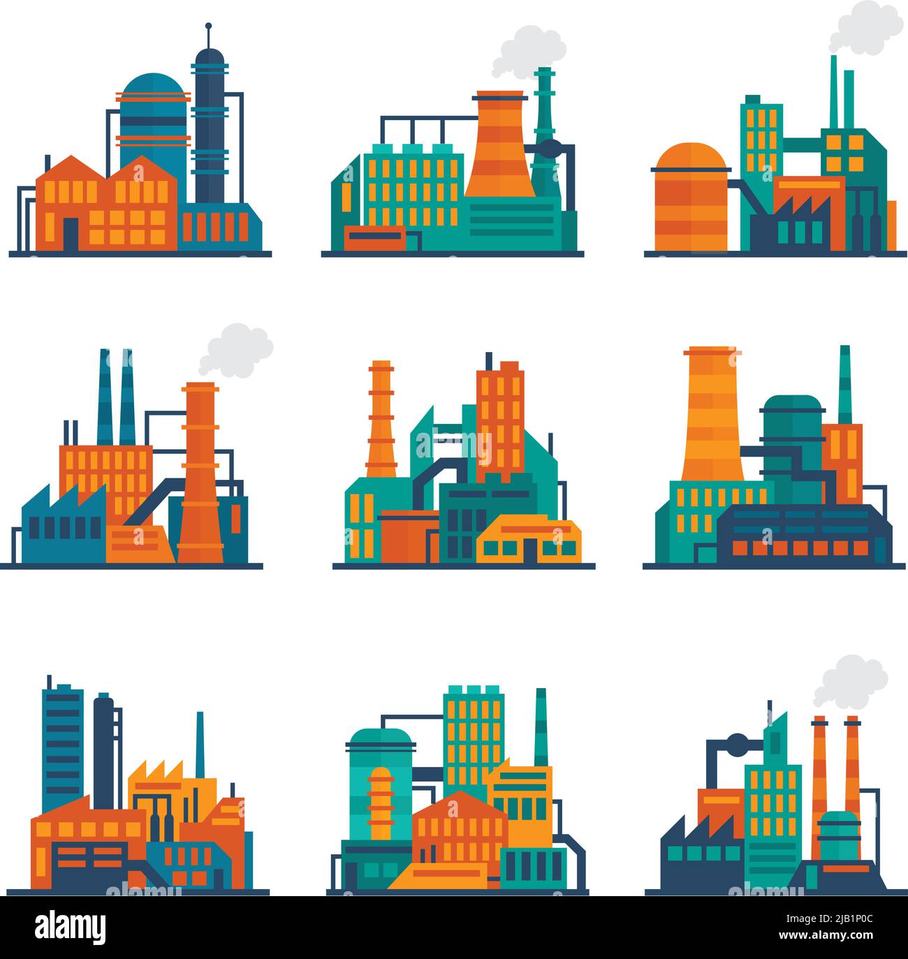 Industrial city construction building factories and plants flat icons ...