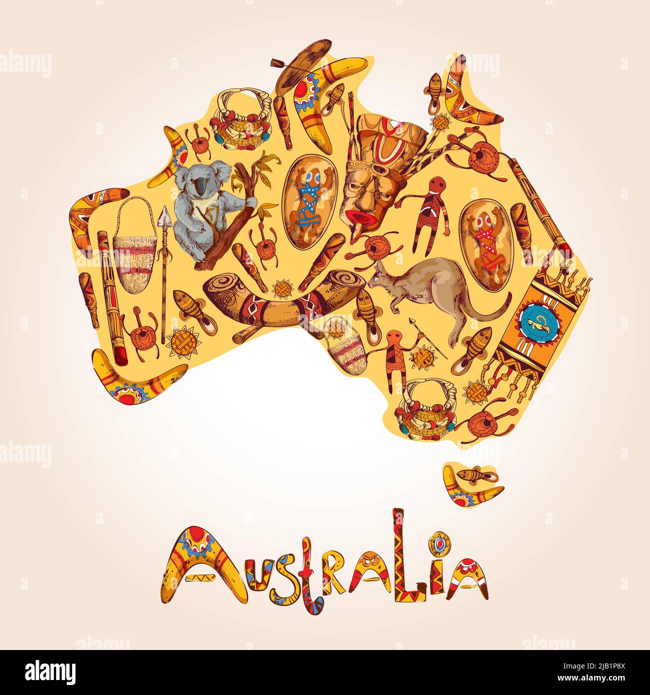 Australia native aboriginal tribal ethnic colored sketch symbols in australian continent shape vector illustration Stock Vector