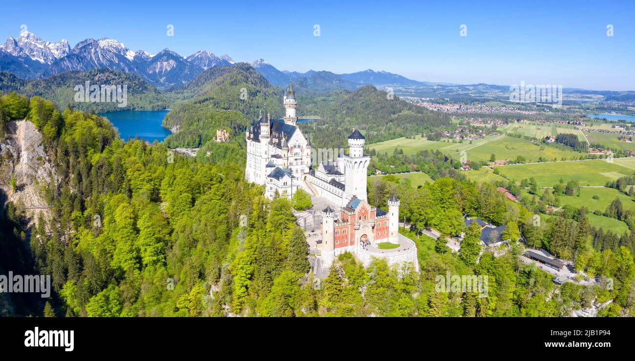 Schloss Neuschwanstein castle aerial view Alps landscape travel panorama palace in Bavaria Germany Stock Photo